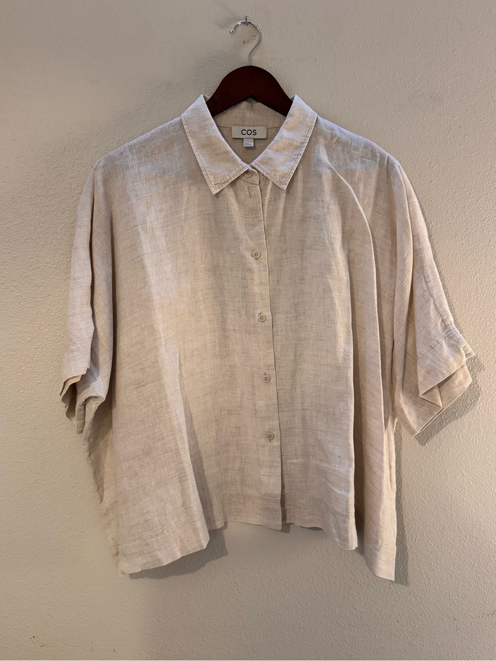COS Beige Linen Short-Sleeve Button-Down Shirt